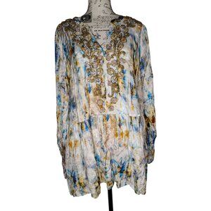 Soft Surroundings Large Bead Embroidered Tunic Top, Gold Blue Tie Dye Boho Lagen